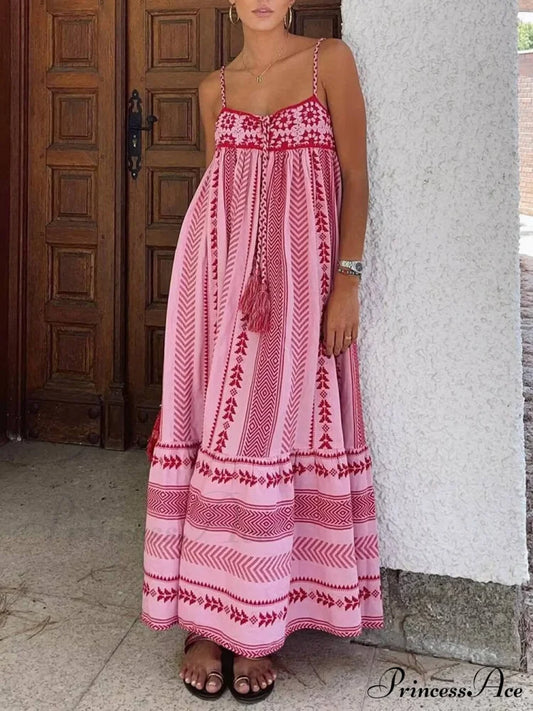 Ethnic Style Crochet Patchwork Graceful Knitted Slip Maxi Dress Pink / Xs Dresses