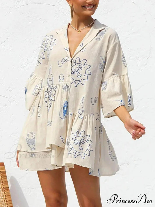 Ethnic Style Loose Charming Shirt Short Dress Blue / S Dresses