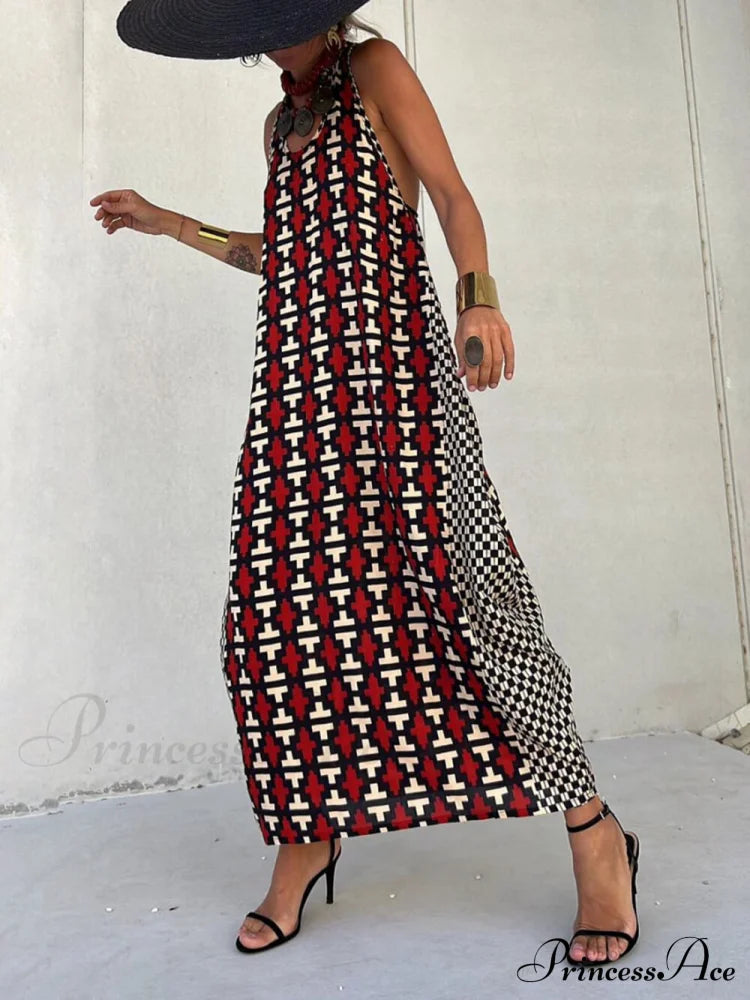 Ethnic Unique Print Lantern Graceful Cut Tank Maxi Dress Dresses