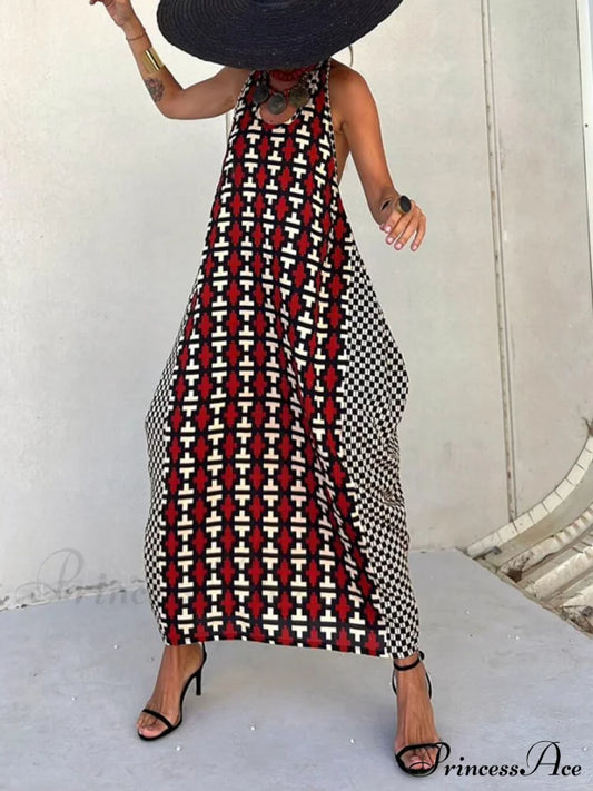 Ethnic Unique Print Lantern Graceful Cut Tank Maxi Dress Dresses