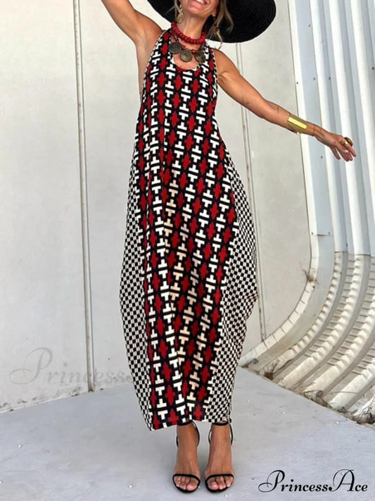 Ethnic Unique Print Lantern Graceful Cut Tank Maxi Dress Red / S Dresses