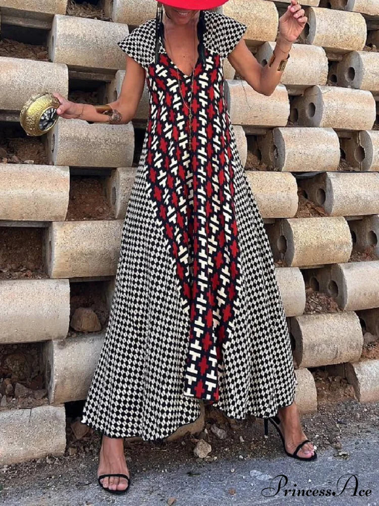 Ethnic Unique Print Ruffle Graceful Sleeve A-Line Maxi Dress Dresses