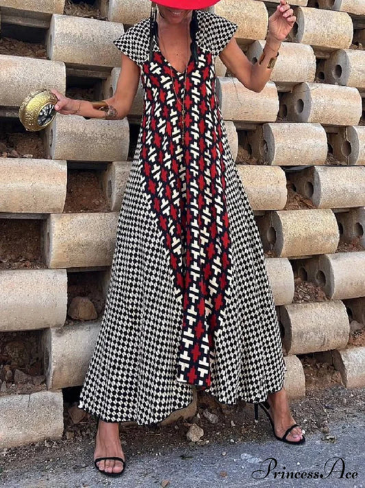 Ethnic Unique Print Ruffle Graceful Sleeve A-Line Maxi Dress Dresses