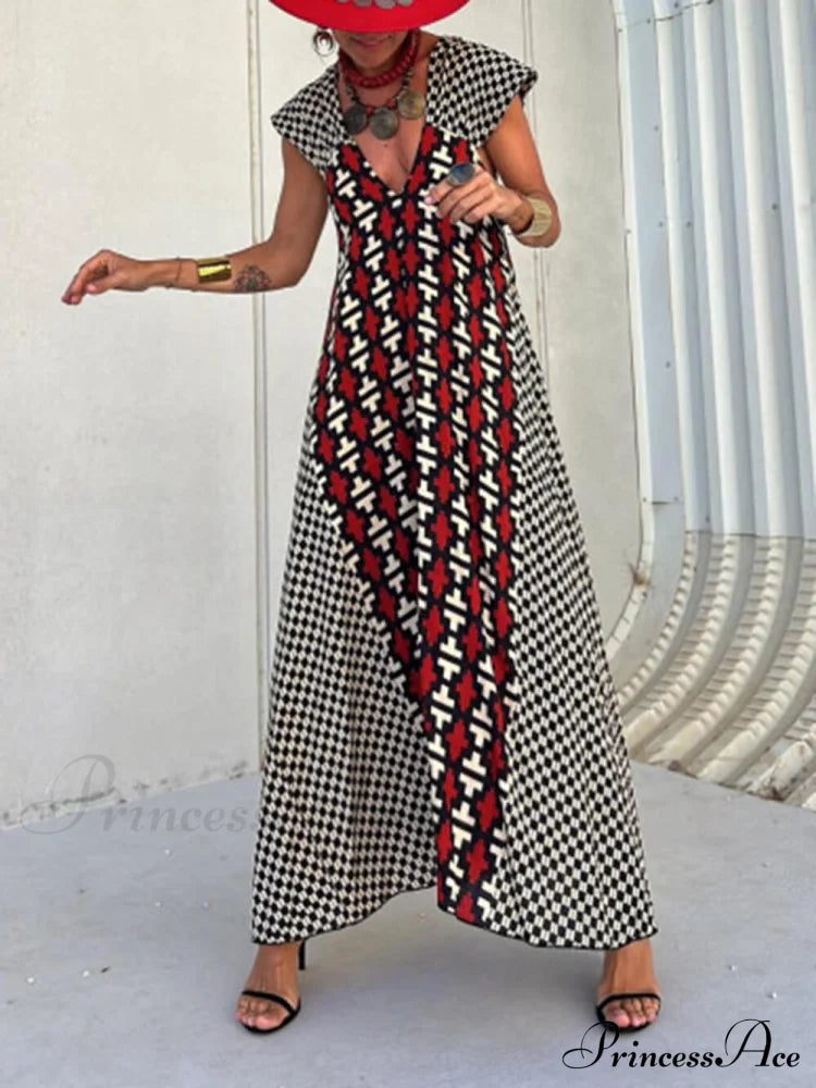 Ethnic Unique Print Ruffle Graceful Sleeve A-Line Maxi Dress Dresses