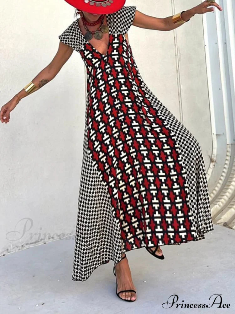 Ethnic Unique Print Ruffle Graceful Sleeve A-Line Maxi Dress Dresses