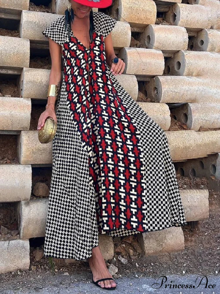 Ethnic Unique Print Ruffle Graceful Sleeve A-Line Maxi Dress Red / S Dresses