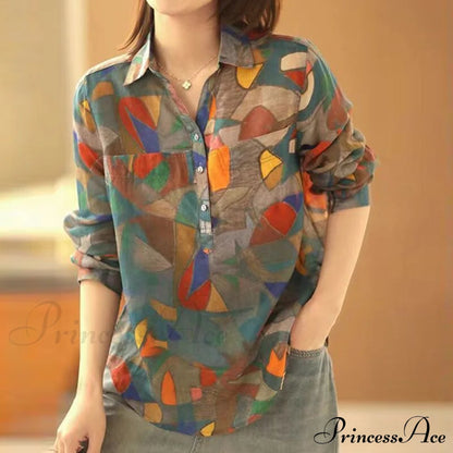 Ethnic Vintage Style Print Casual Blouses Long Sleeve / L