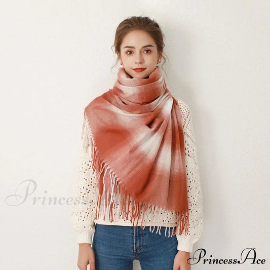 Europe Gradient Plaid Acrylic Cashmere Long Muffler Scarf Orange White / L200Cm W84Cm Scarfs-L