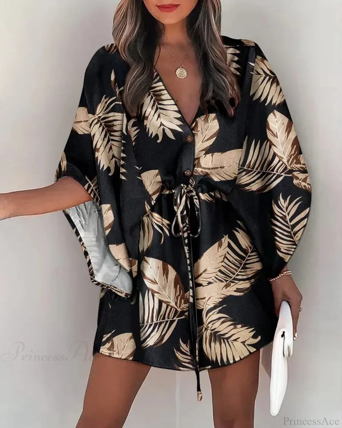 European Fashion Print V-neck Vacation Dress BLACK1 / S bohodress-250126