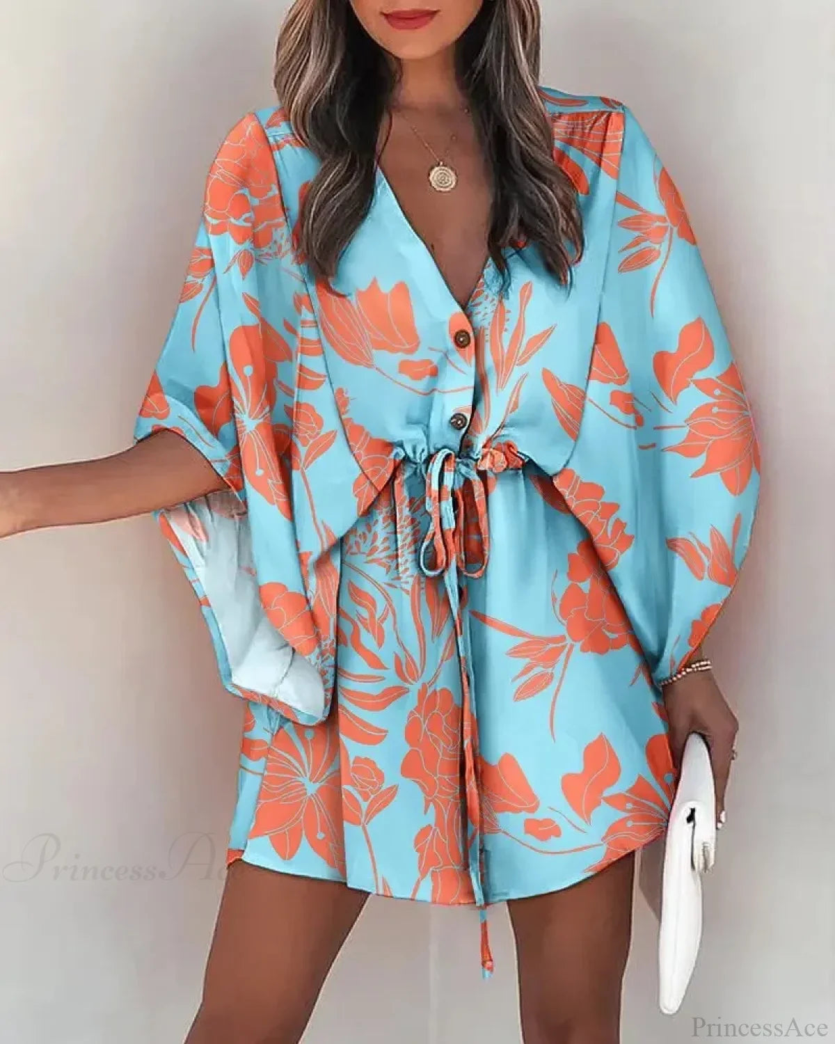 European Fashion Print V-neck Vacation Dress LIGHT BLUE / S bohodress-250126