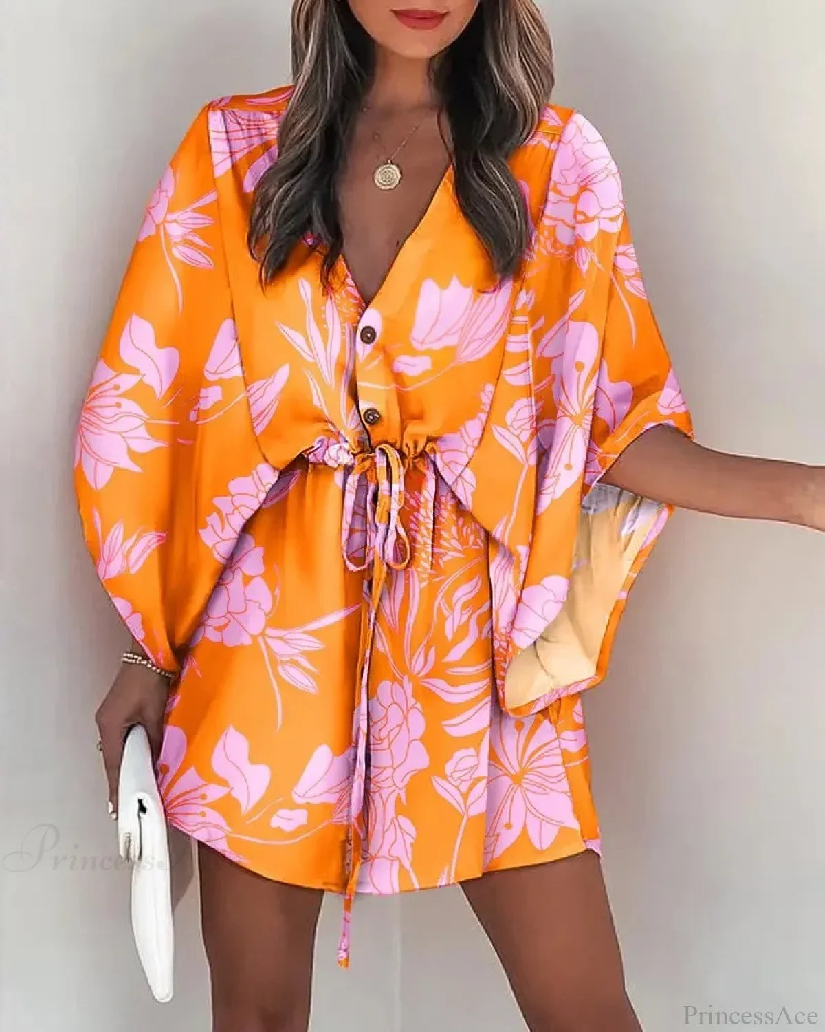 European Fashion Print V-neck Vacation Dress ORANGE1 / S bohodress-250126