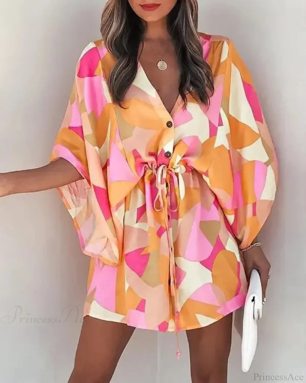 European Fashion Print V-neck Vacation Dress ORANGE2 / S bohodress-250126