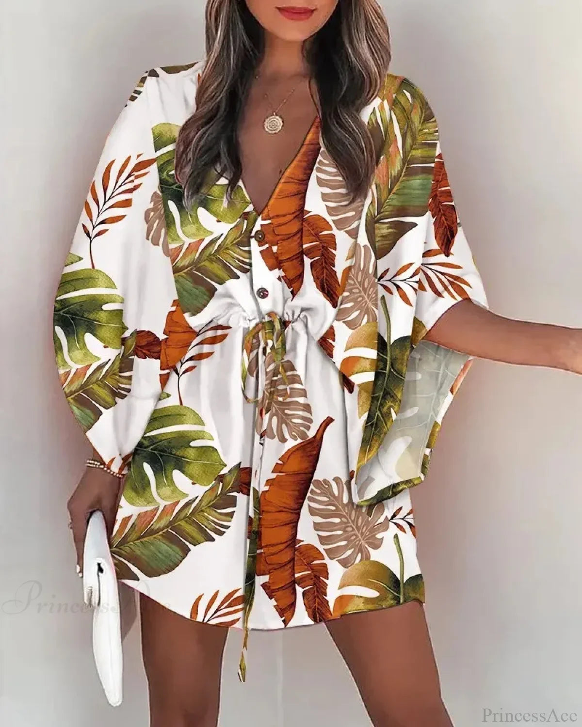 European Fashion Print V-neck Vacation Dress WHITE1 / S bohodress-250126