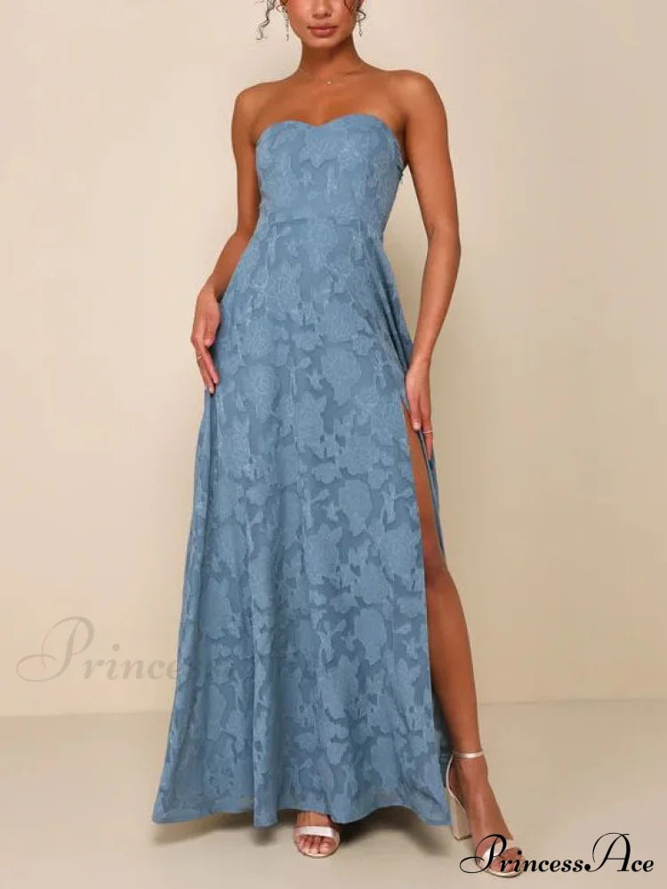 Evening Gown Strapless Slim Graceful Fit Slit Maxi Dress Blue / S Dresses