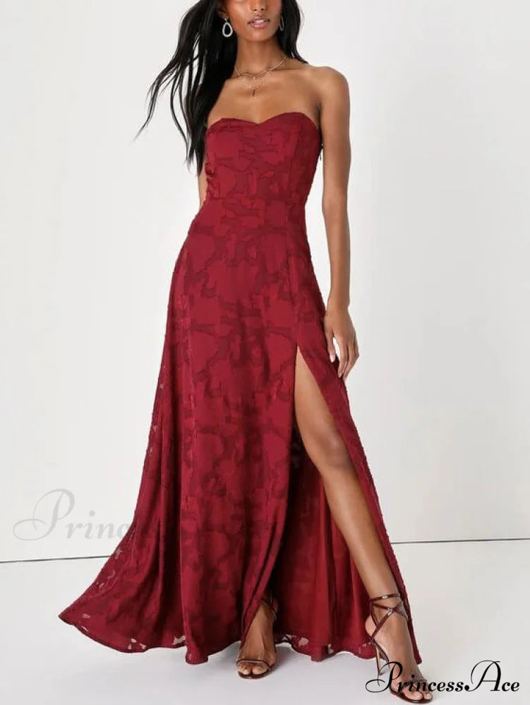 Evening Gown Strapless Slim Graceful Fit Slit Maxi Dress Red / S Dresses