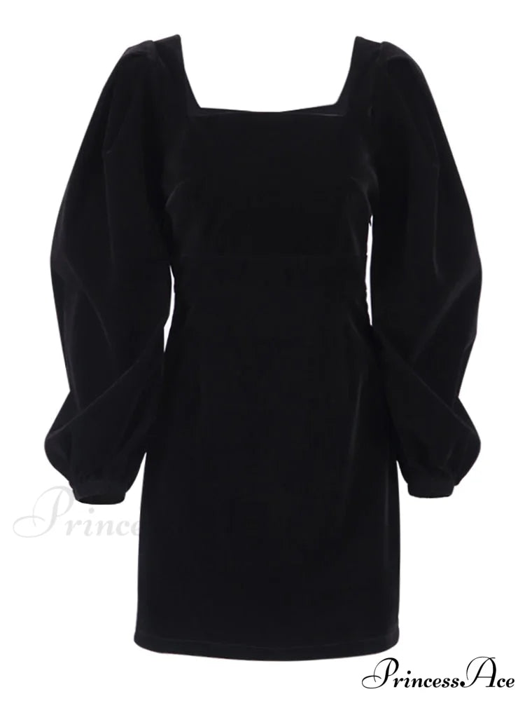 Evening Velvet Square Collar Christmas Party Dresses Black / S