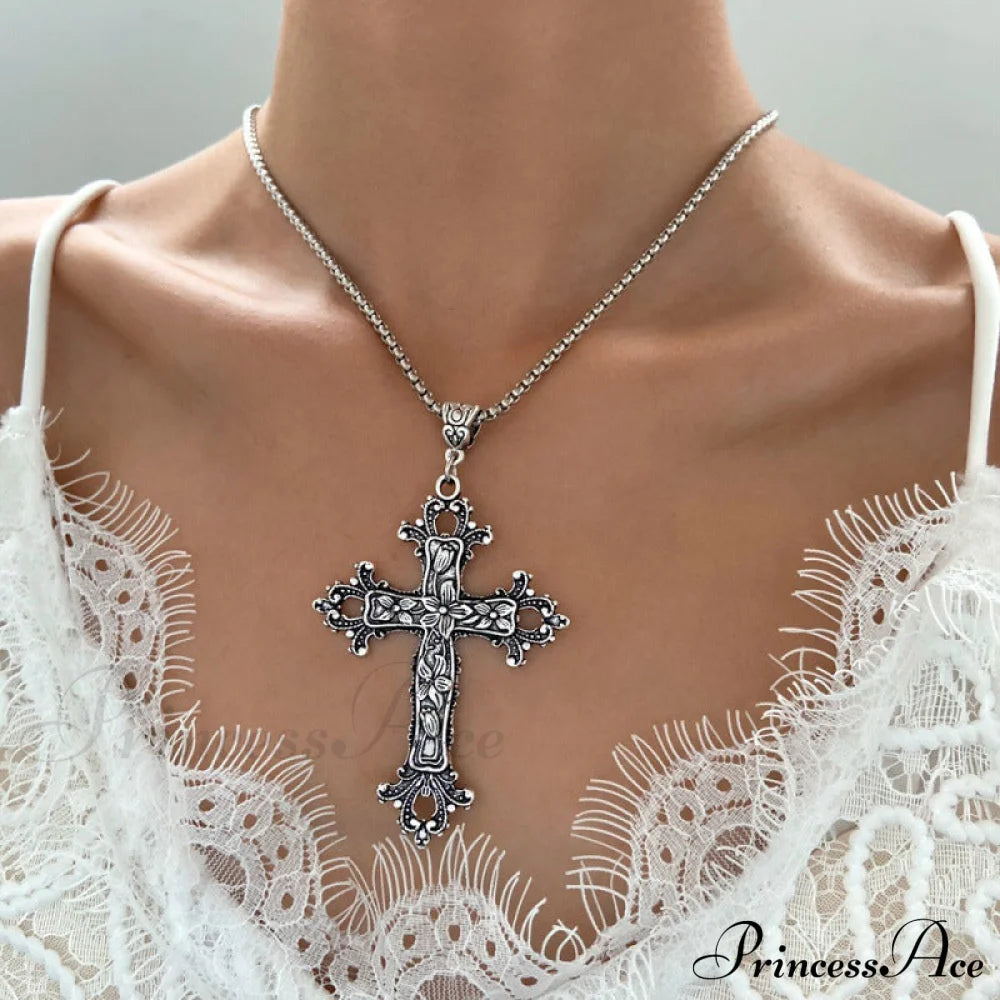 Exaggerated Gothic Silver Cross Hip-Hop Sweater Necklace Halloween