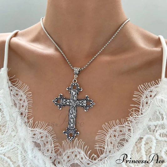 Exaggerated Gothic Silver Cross Hip-Hop Sweater Necklace Halloween