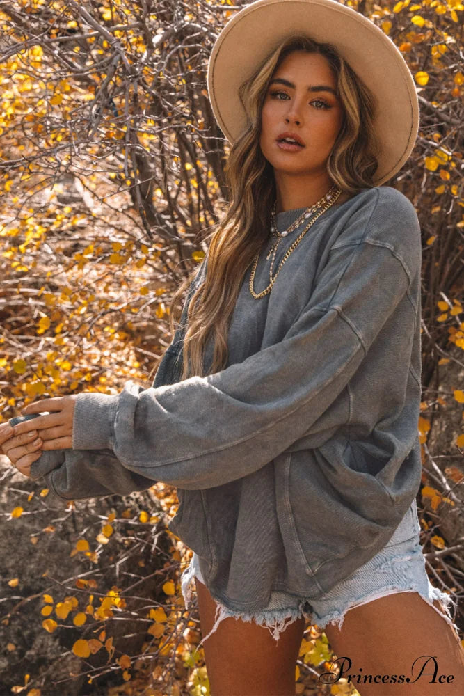 Exposed Twist Back Open Seam Oversized Gray Sweatshirt Sweaters-L