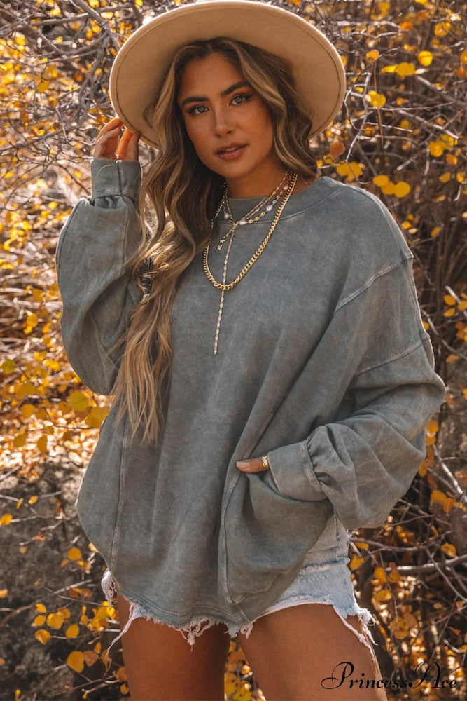 Exposed Twist Back Open Seam Oversized Gray Sweatshirt Sweaters-L