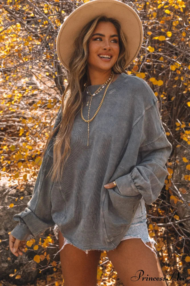 Exposed Twist Back Open Seam Oversized Gray Sweatshirt Sweaters-L