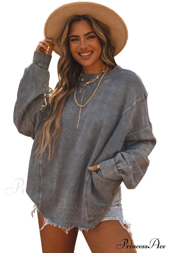 Exposed Twist Back Open Seam Oversized Gray Sweatshirt Sweaters-L