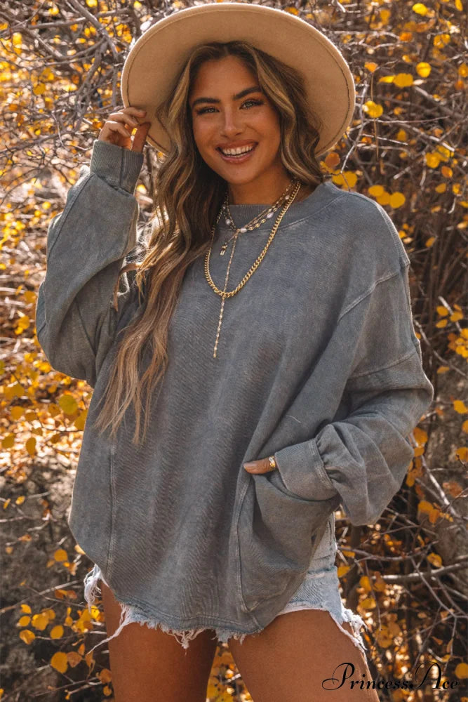 Exposed Twist Back Open Seam Oversized Gray Sweatshirt Sweaters-L