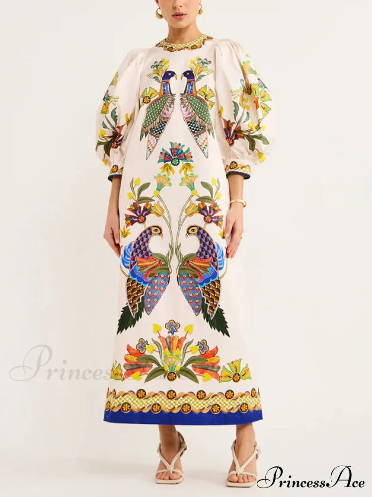 Exquisite And Fun Printed Puff Trendy Sleeves Loose Casual Midi Dress Dresses