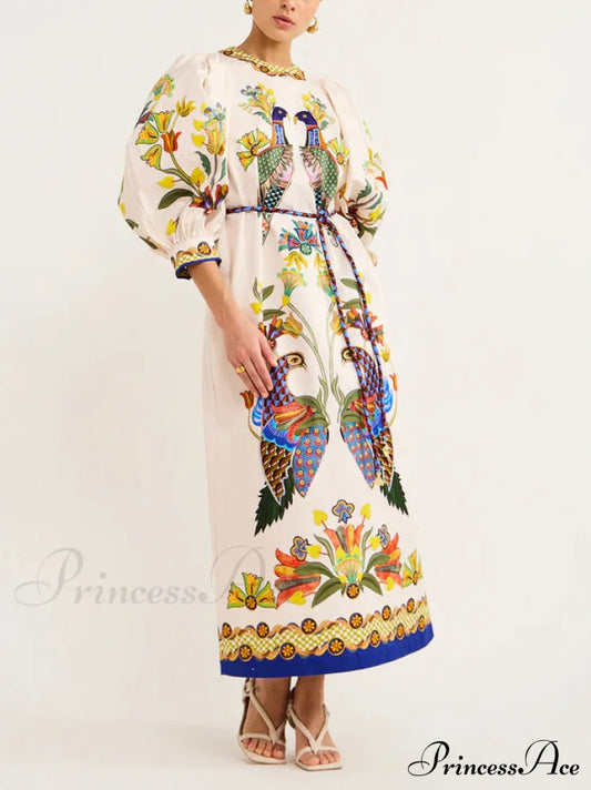 Exquisite And Fun Printed Puff Trendy Sleeves Loose Casual Midi Dress Dresses