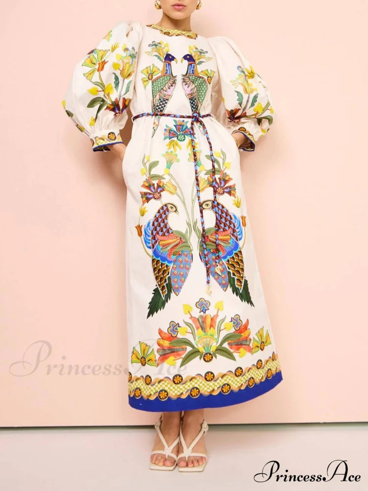 Exquisite And Fun Printed Puff Trendy Sleeves Loose Casual Midi Dress White / S Dresses