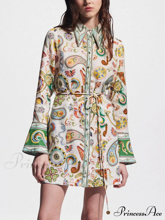 Exquisite And Printed Charming Trumpet Sleeve Mini Dress White / S Dresses