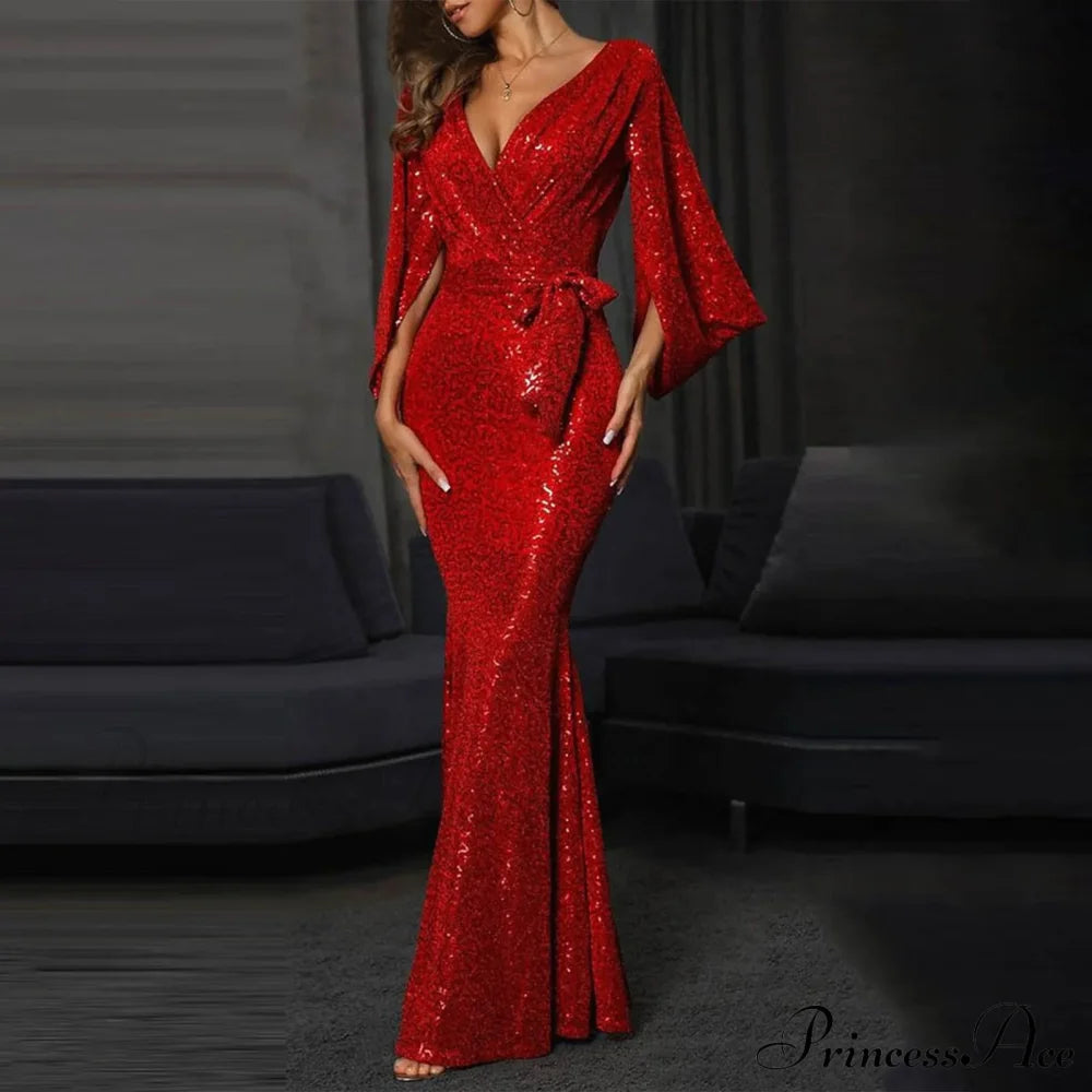 Exquisite Mesh Sequined High-Split Wedding Party Evening Gown Dress Red / S