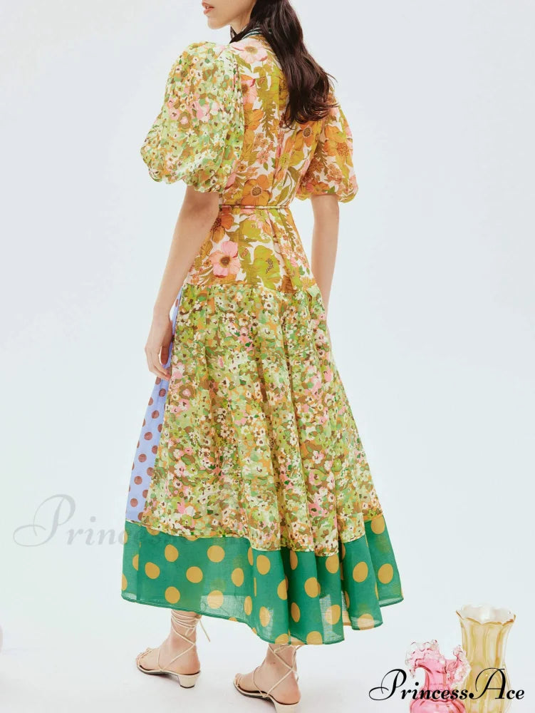 Exquisite Retro Floral Print Graceful Puff Sleeve Midi Dress Dresses