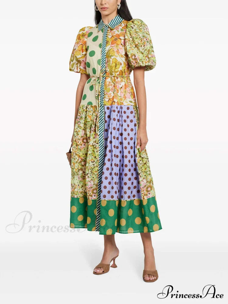 Exquisite Retro Floral Print Graceful Puff Sleeve Midi Dress Multicolor / S Dresses