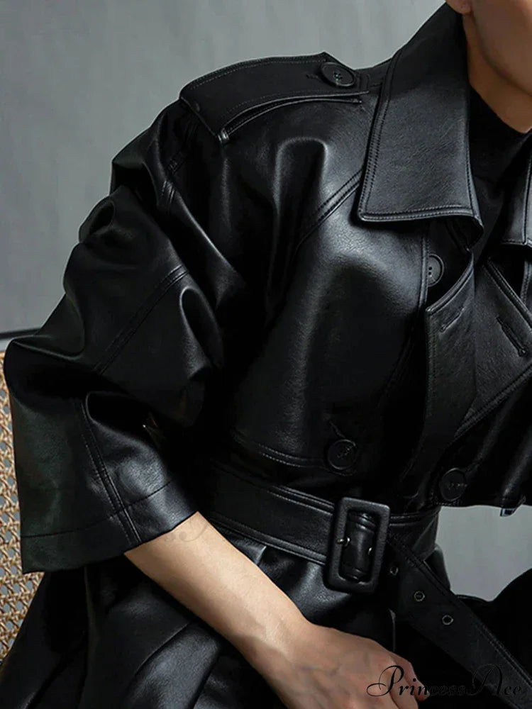 Extra Long Oversized Black Faux Leather Sleeve Belt Double Breasted Loose Fashion Stylish Coat