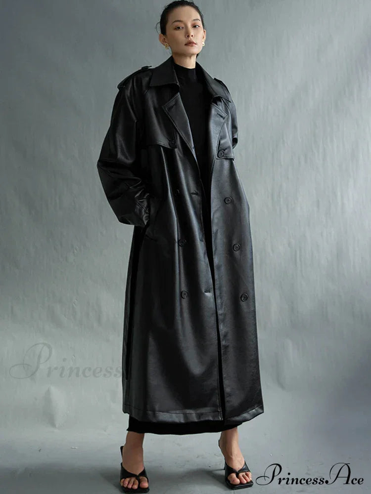 Extra Long Oversized Black Faux Leather Sleeve Belt Double Breasted Loose Fashion Stylish Coat /