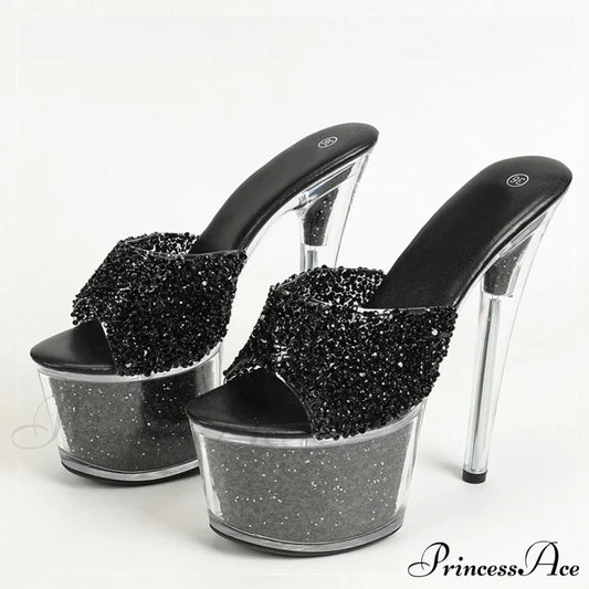 Extreme 17Cm Pole-Dance Sequined Transparent Platform Peep-Toe Sexy Slipper Stripper High Heel