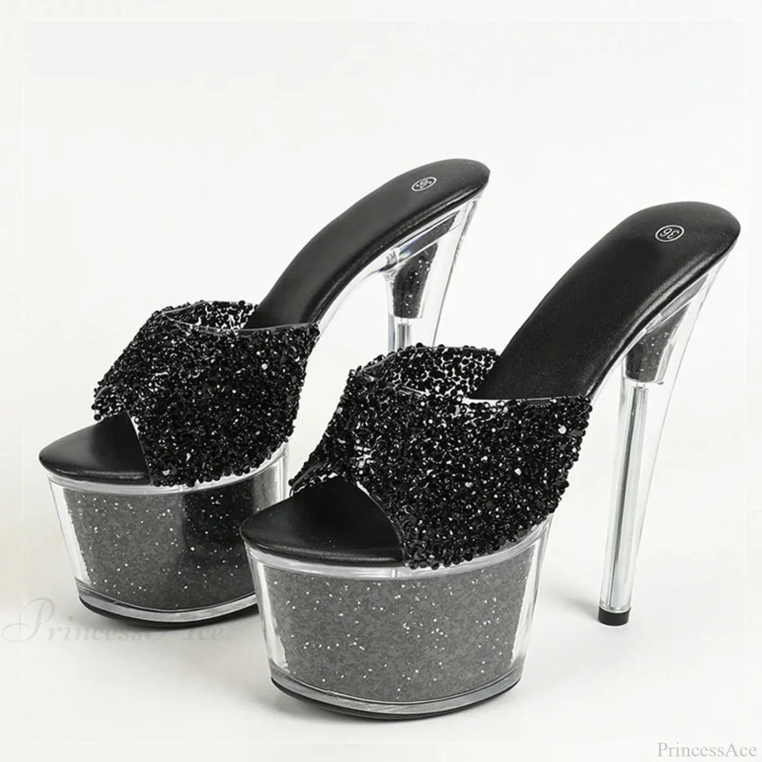 Extreme 17Cm Pole-Dance Sequined Transparent Platform Peep-Toe Sexy Slipper Stripper High Heel