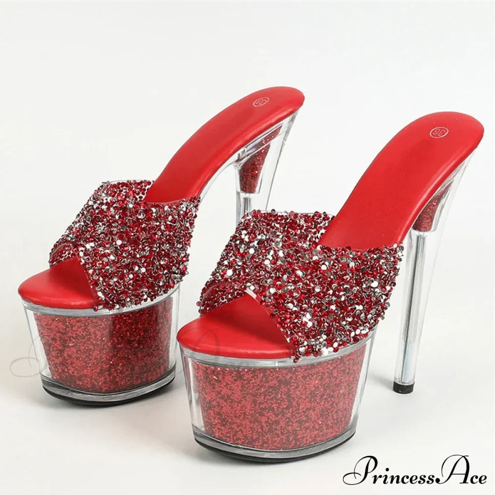 Extreme 17Cm Pole-Dance Sequined Transparent Platform Peep-Toe Sexy Slipper Stripper High Heel Red