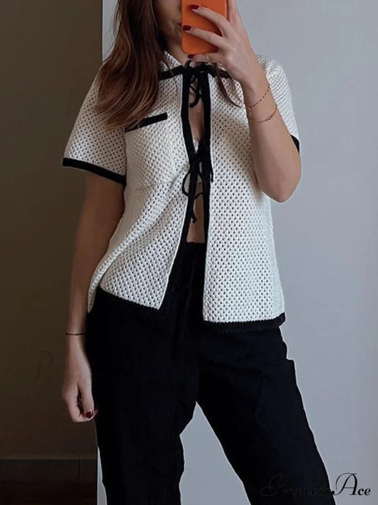 Eyelet Contrast Graceful Trim Tie-Front Cardigan Off-White / S Sweaters-L