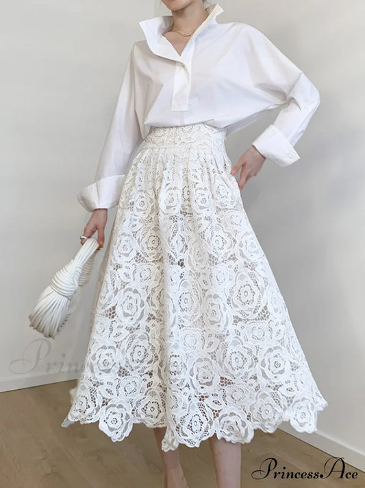 Eyelet Rosebud Graceful Pattern Maxi Skirt White / Xs Skirts