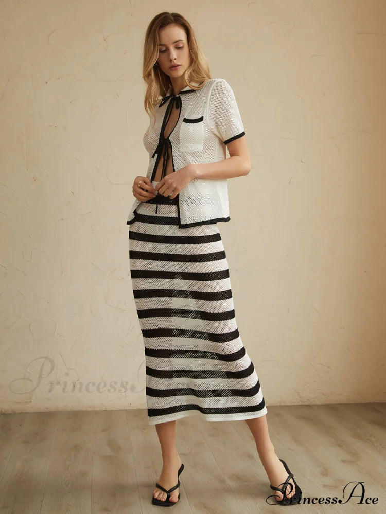 Eyelet Striped Graceful Midi Skirt Skirts