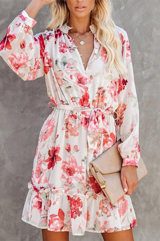 Floral Button Front Deep Modern V Beach Ruffle Dress