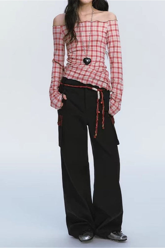 Off Shoulder Red Checkered Long Sleeve Blouse