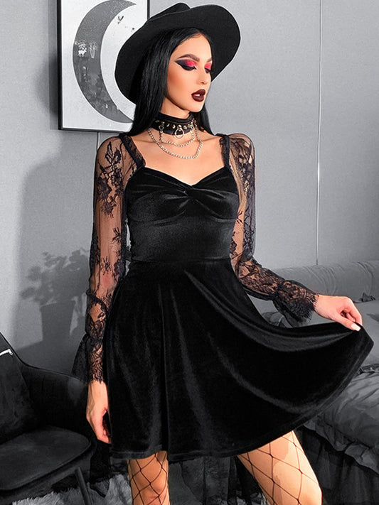 Velvet Lace Lantern Sleeve Twisted 40s 50s Retro V Neck Backless Bodycon Goth Dress