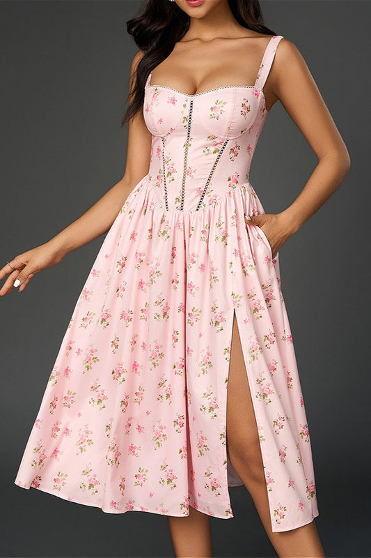 Ditsy Floral Spaghetti Slit Midi Dress