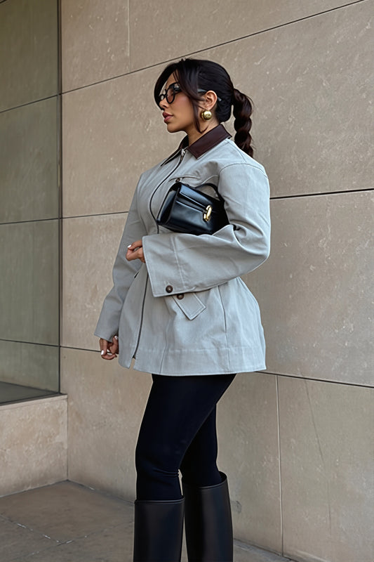 Fitted Stand Collar Belted Utility Jacket