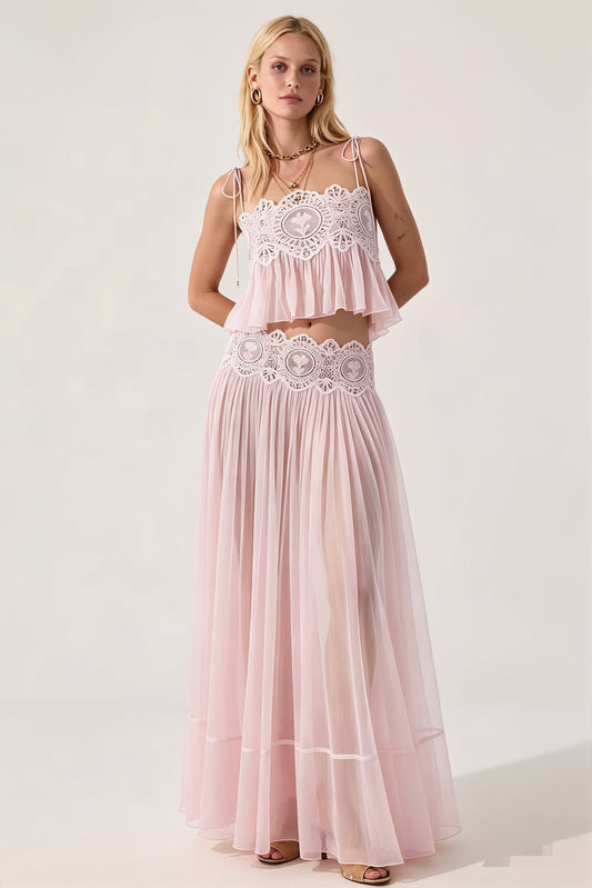 Lace Chiffon Pleated Skirt Set