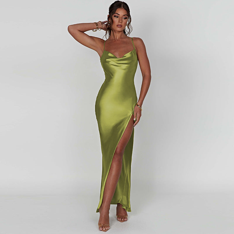 Elegant Women Satin V-neck Low Cut  Spaghetti Strap Backless Ruched High Split Party Female Vestidos