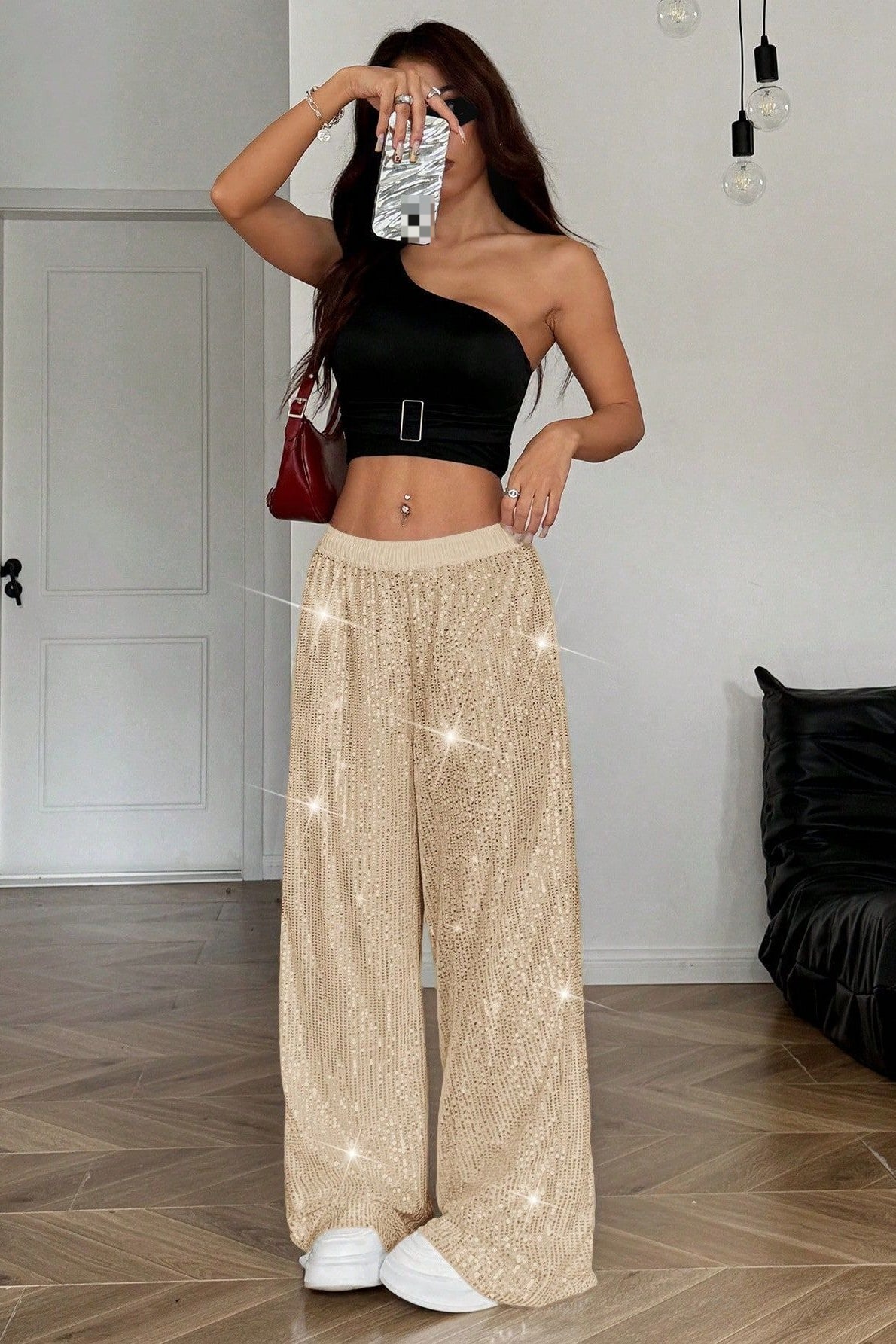 Sequin High Waist Flowy Wide-Leg Pants Apricot / S